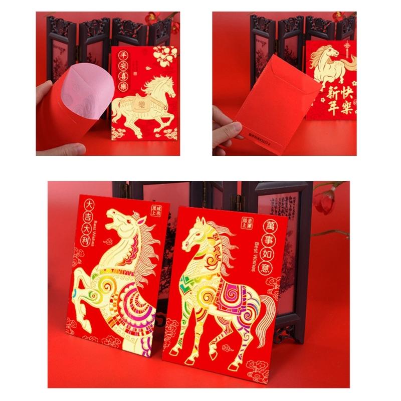 6PCS Red Envelopes With Horse Illustrations Paper New Year Gifts Money Holder for Birthday Wedding Celebration