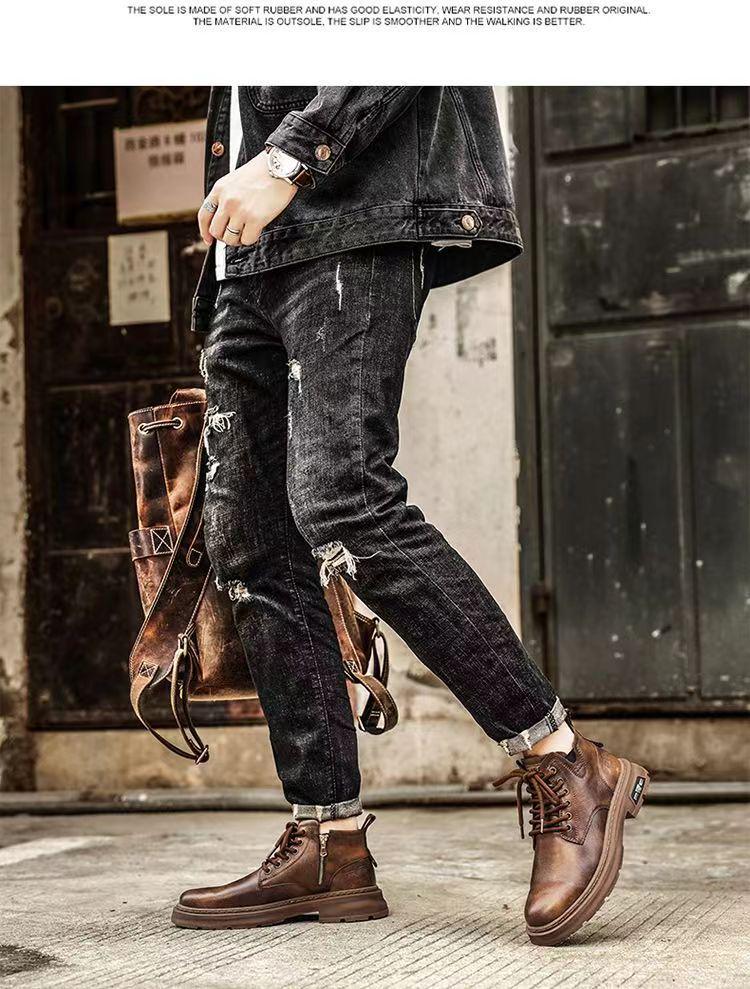 Men's Retro British-Style High-Top Leather Boots: Breathable, Trendy, Versatile Martin Boots with Thick Soles