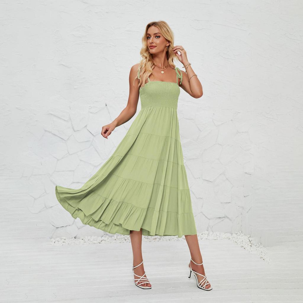 Summer Women's Sleeveless Halter Solid Square Neck Pleated Knee-Length Dress