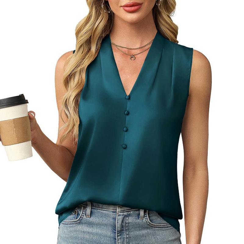 Women Summer Sleeveless V Neck Satin Solid Color Button Slim Fit Vest Top