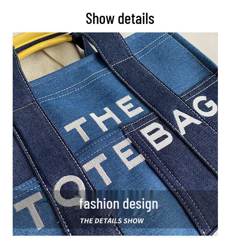 Bolsa Tote Transversal Feminina 2025 Bordada Azul Denim Retrô Patchwork