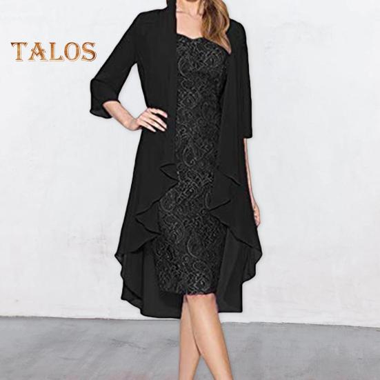 2 Teile/satz Damen Strickjacke Kleid Set Spitze Blumenstickerei O Hals Slim Fit Midikleid Dünn Unregelmäßig Dreiviertel Ärmel Mittellang Mantel Formal