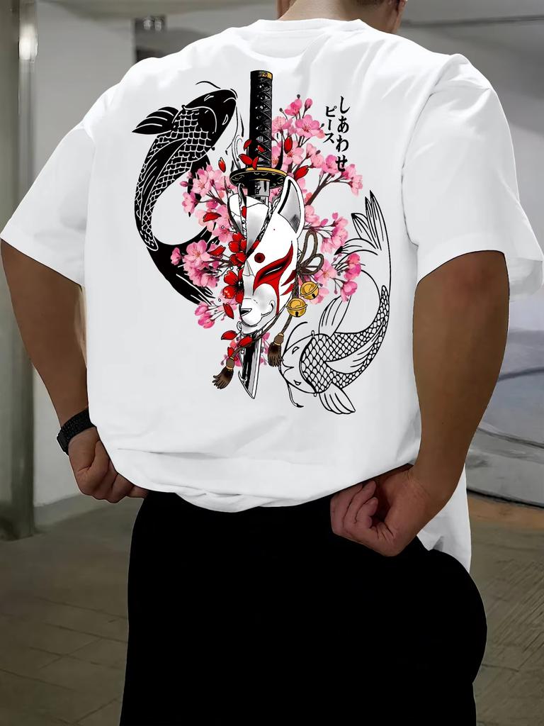 2026 Japanese Koi Fish Kitsune Mask Samurai Tshirt Unisex Cherry Blossom Graphic Tee Oversized Streetwear Casual Short Sleeve Tops
