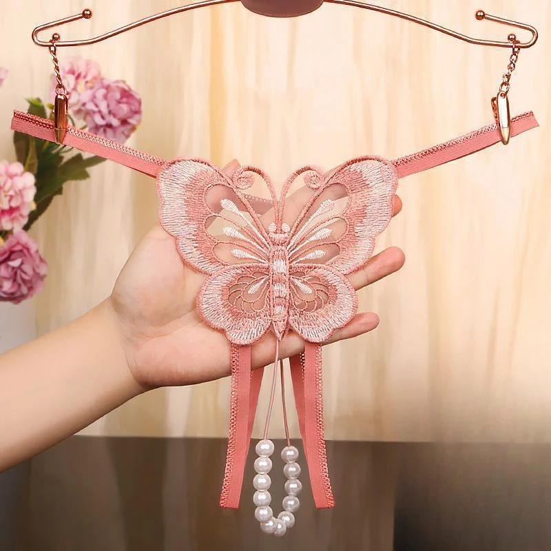 Women Sexy String Butterfly Embroidery Briefs Ultra-Thin Lace Underwear See-Through Low Rise T-Back Open Crotch Underpants