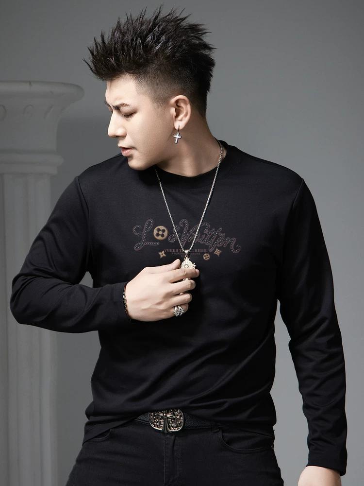 

European Style Autumn Long-Sleeve T-Shirt for Men 2025 New Trendy Round Neck Beaded Printed Base Shirt Men s Top L белый