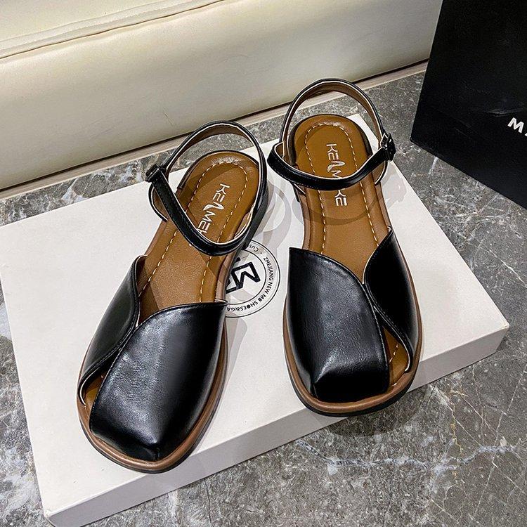 

Бежевые босоножки на каблуке Ремешок с пряжкой Удобная обувь для женщин Лето Черные Плоские Прозрачные Низкий Модный Закрытые Девочки Ажурный 35 чёрный