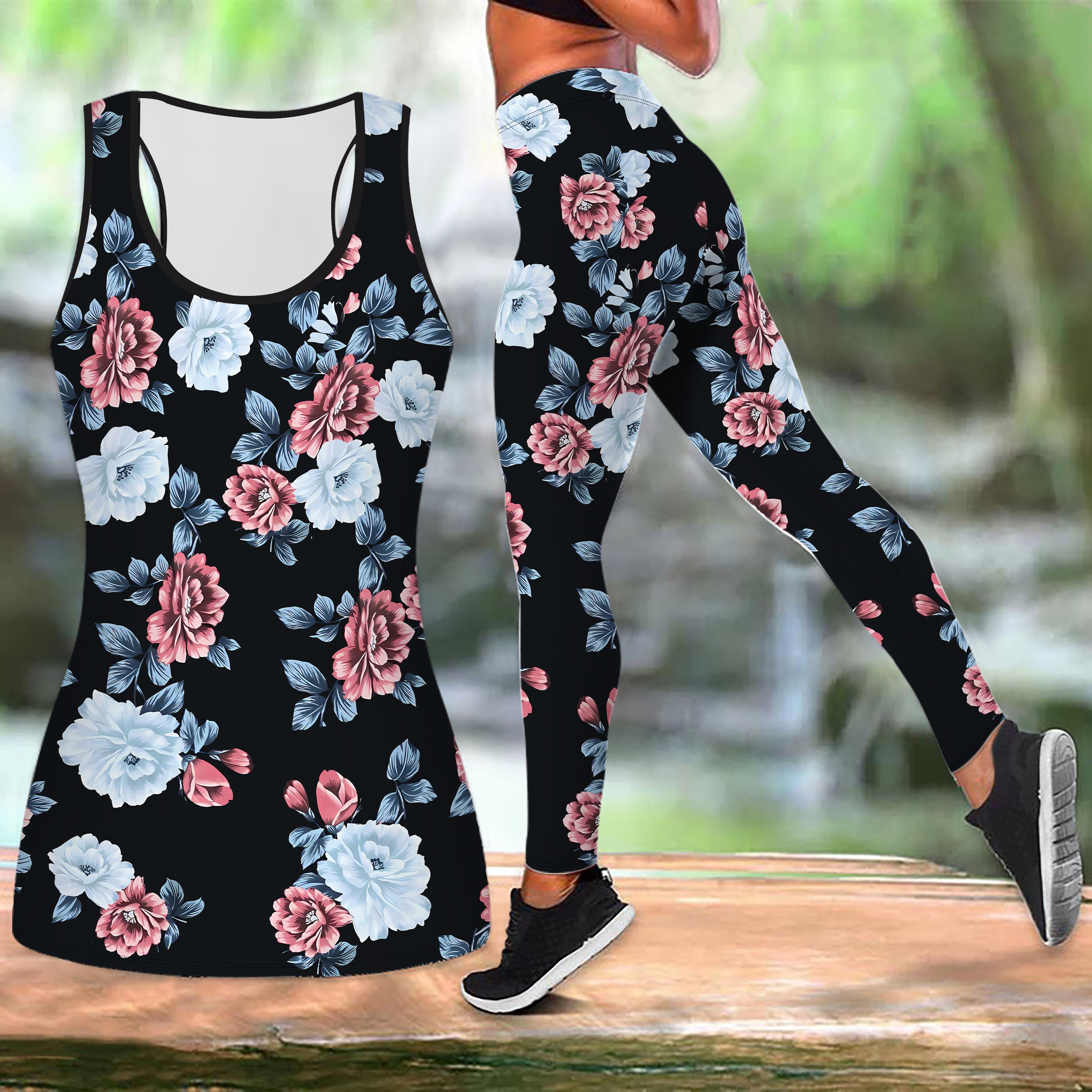 

Brown Retro Flower Print Yoga Outfit for Women Fashion Workout Leggings Fitness Sports Casual Yoga Set Sports Suit XS чорний