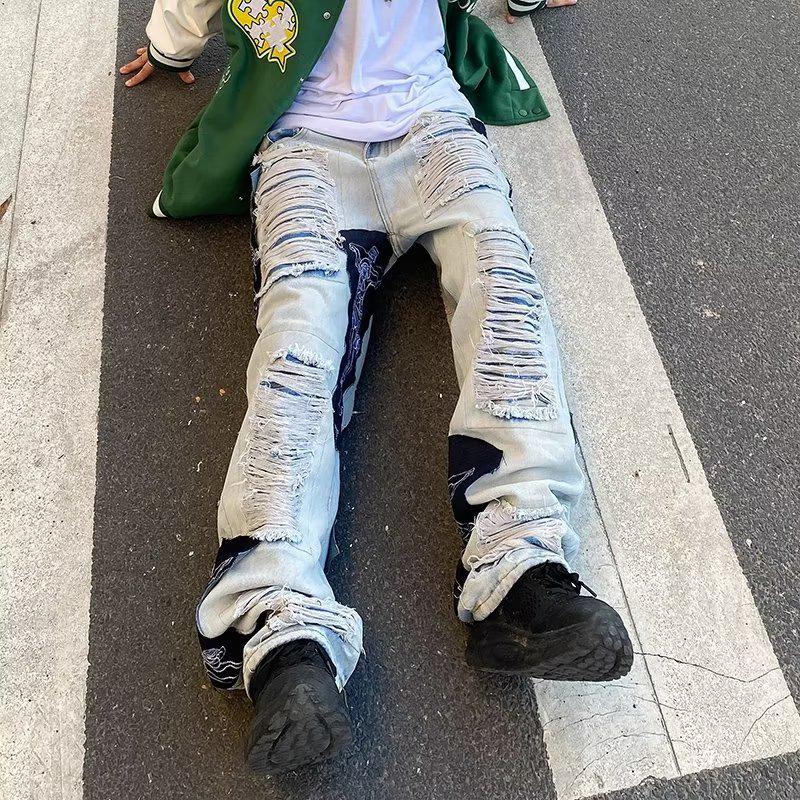 American High Street Men's Distressed Embroidered Ripped Wide-Leg Jeans