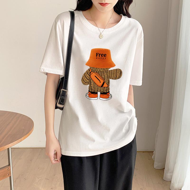 Women's Casual Short Sleeve T-Shirt Cute Cartoon Bear Print Loose Crew Neck Summer Basic Tee Top