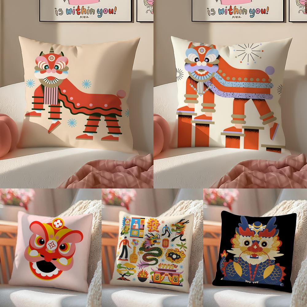 Oriental Festive Lion Print Cushion Cover Silky Elegant Comfort Sofa Bed Invisible Zipper Beach Pillowcase