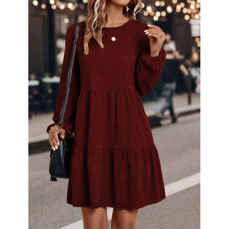 

Smr12366 Cross-Border Amazon New European and American Sexy Fashion Autumn Style Solid Color Patchwork Long-Sleeved Dress Burgundy XL