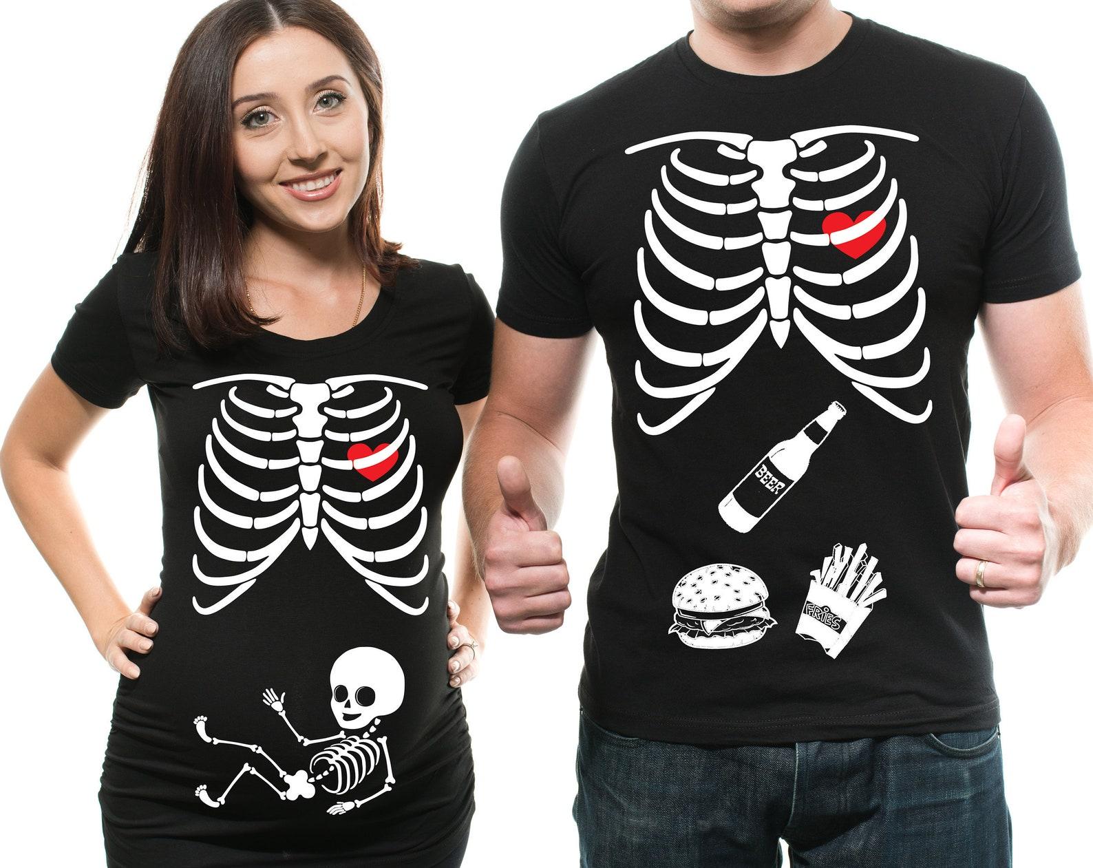 Skeleton Maternity T-Shirt: Halloween Couple Matching Pregnancy Tee XL