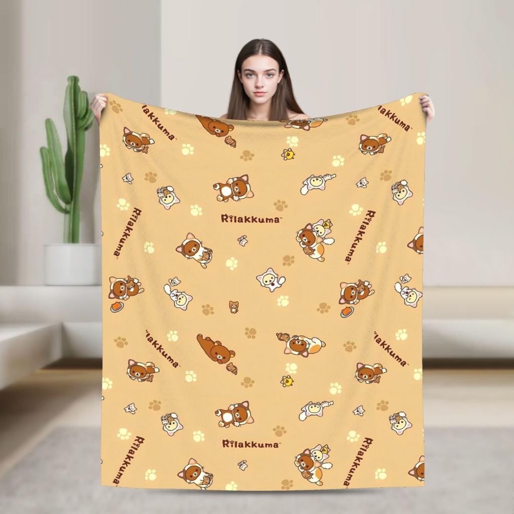 Rilakkuma Korilakkuma Cute Bear Flannel Blankets Kiiroitori Cartoon Funny Throw Blanket for Home 125*100cm Lightweight