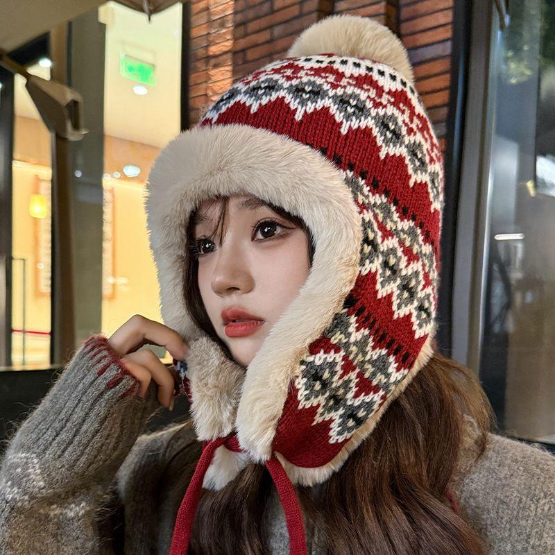 

Fleece-lined Thickening Ushanka Children s Autumn and Winter Warm Ear Protection Ethnic Style Knitting Woolen Cap Cold-Proof Northeast Cycling Red Elastic cap circumference (54-58cm)