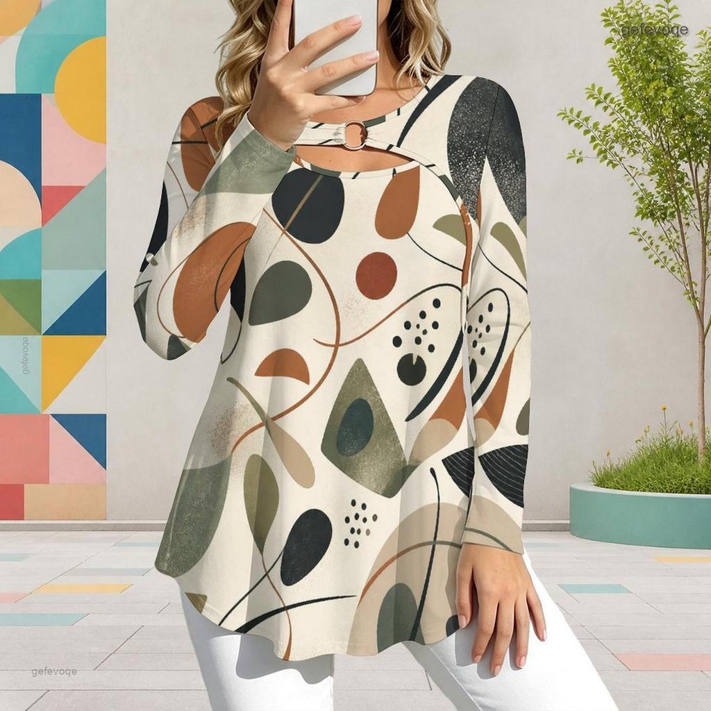 Women Plus Size Keyhole Ring Neck Long Sleeve Geometric Printed Flared Hem T Shirt