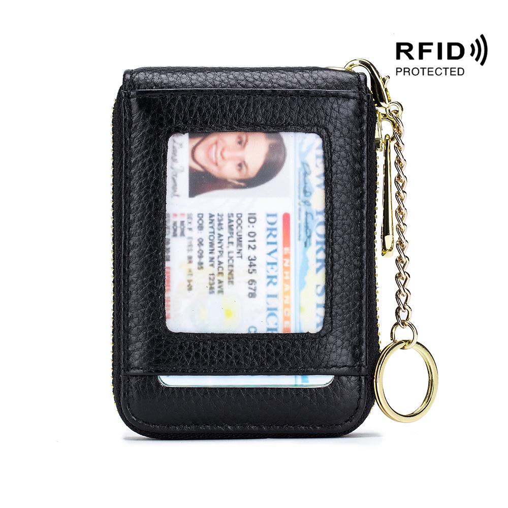Exquisite RFID Genuine Leather Accordion Card Holder for Women and Men with Keychain