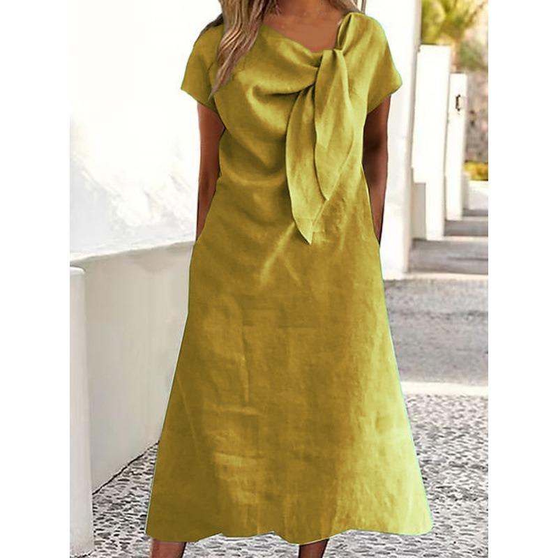 

QICED Fashion Summer Spring Solid Color Print Short Sleeve Casual Dresses Unique design S неоновый жёлтый