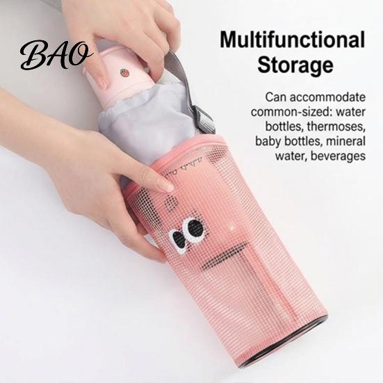 Hand Free Water Bottle Holder Mesh Drawstring Crossbody Cup Holder, Adjustable Strap Breathable Carrier Sling Bag, Cute Cartoon Pattern Pouch