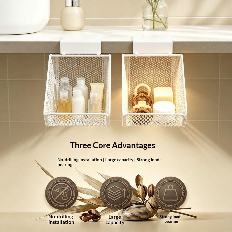 Under Sink Storage Basket Metal Mesh Hanging Basket Drill Free Rust Proof Drainage Bathroom Skincare Organizer Space Saving Rack