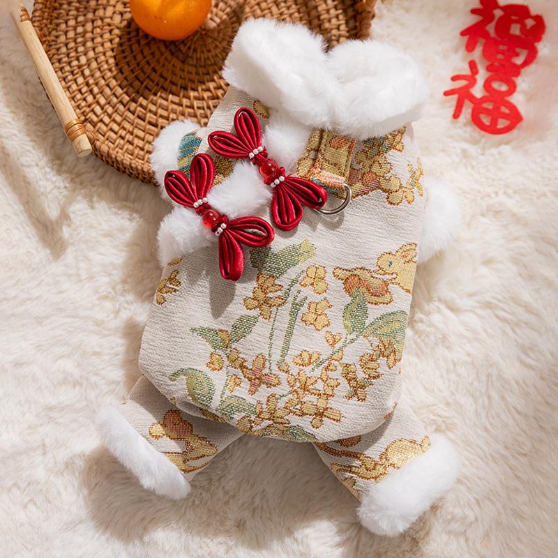 Traditional Chinese Dog Tang Suit Cute Warm Festive New Year Pet Outfit with Fur Collar Puppy Clothes for Chihuahua Yorkie