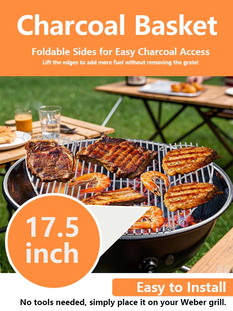 17" Round Metal Charcoal Grate Replacement Hinged Cooking Grate with Handles Compatible with Weber 18 inch Charcoal Container