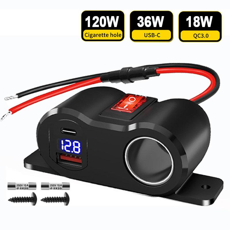Car Phone Charger Adapter PD QC3.0 Socket 120W Cigarette Lighter Power Adapter Fast Charging 12/24V with Voltmeter On/off Switch