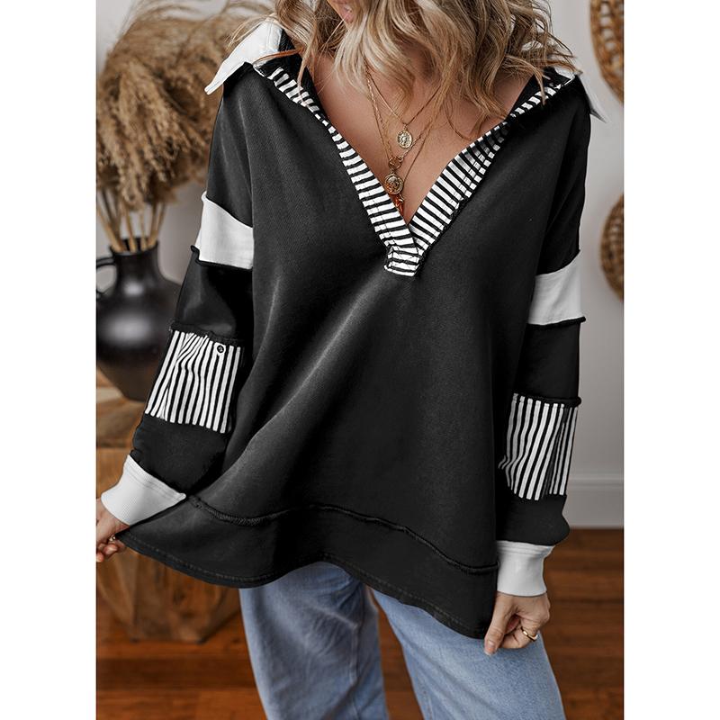

Женские толстовки с капюшоном, пуловеры с длинным рукавом, глубоким V-образным вырезом, полосатые, с цветовыми блоками, пэчворк, повседневные, простые, свободные, женские спортивные толстовки S чёрный