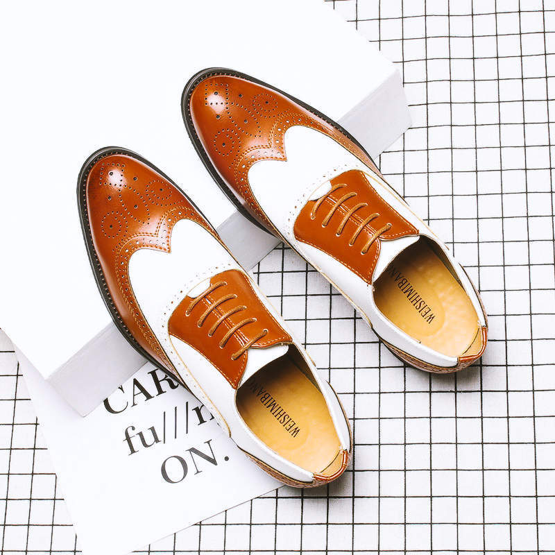 

Summer leather shoes new block engraved color matching casual leather shoes formal business pointed leather shoes 38 жёлтый