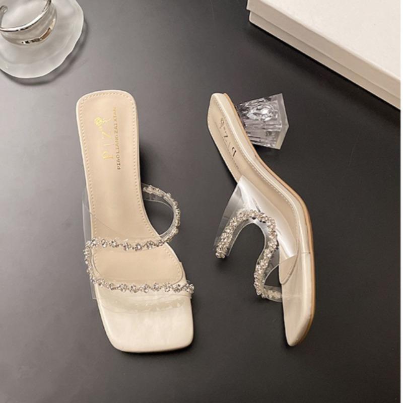 Women's Crystal Slippers Transparent Pvc Temperament Cool Slippers for Women Square Head Open-toed High Heeled Sandals Sandalias