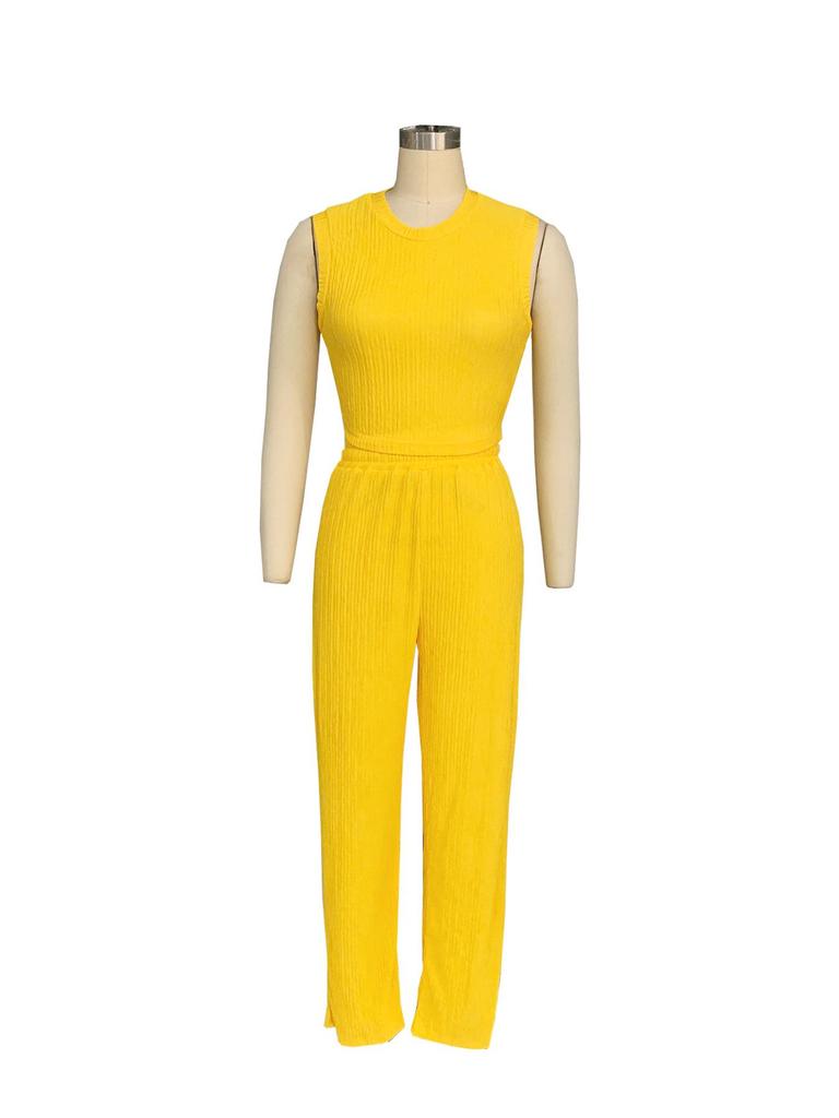 TW685 Women's Summer Fashion Casual Two-Piece Set: High-Elastic Knit Ribbed Wide-Leg Pants