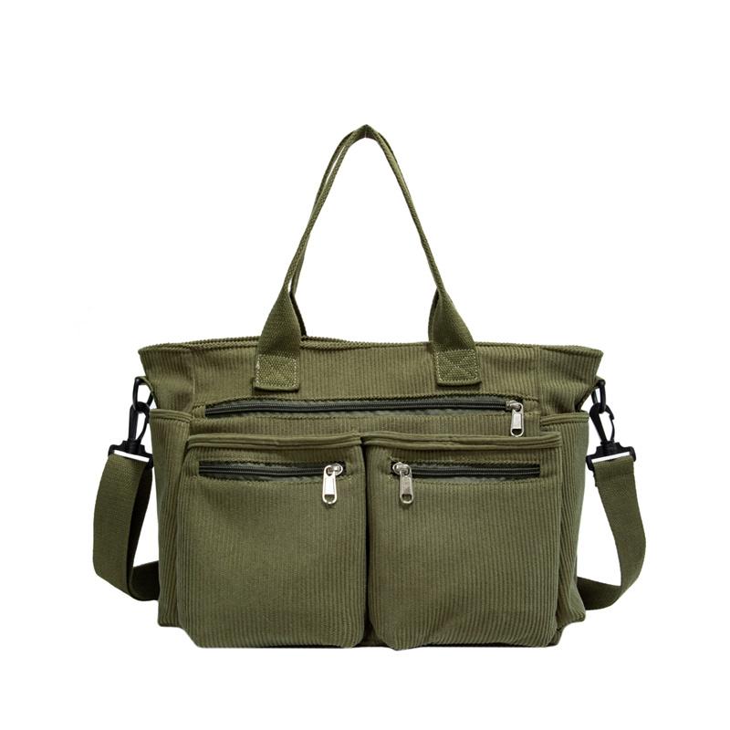 Large Capacity Corduroy Shoulder Bag for Women – Multi-Pocket Tote with Zipper Compartments and Stylish Design