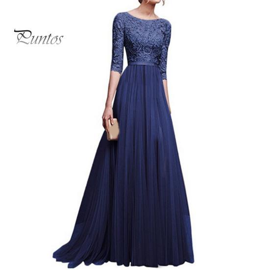 Autumn Evening Dress Women Prom Party Round Neck Lace Flower Embroidery Half Sleeve Tight Winter Gown Waist Patchwork Floor Length Pleated Lady