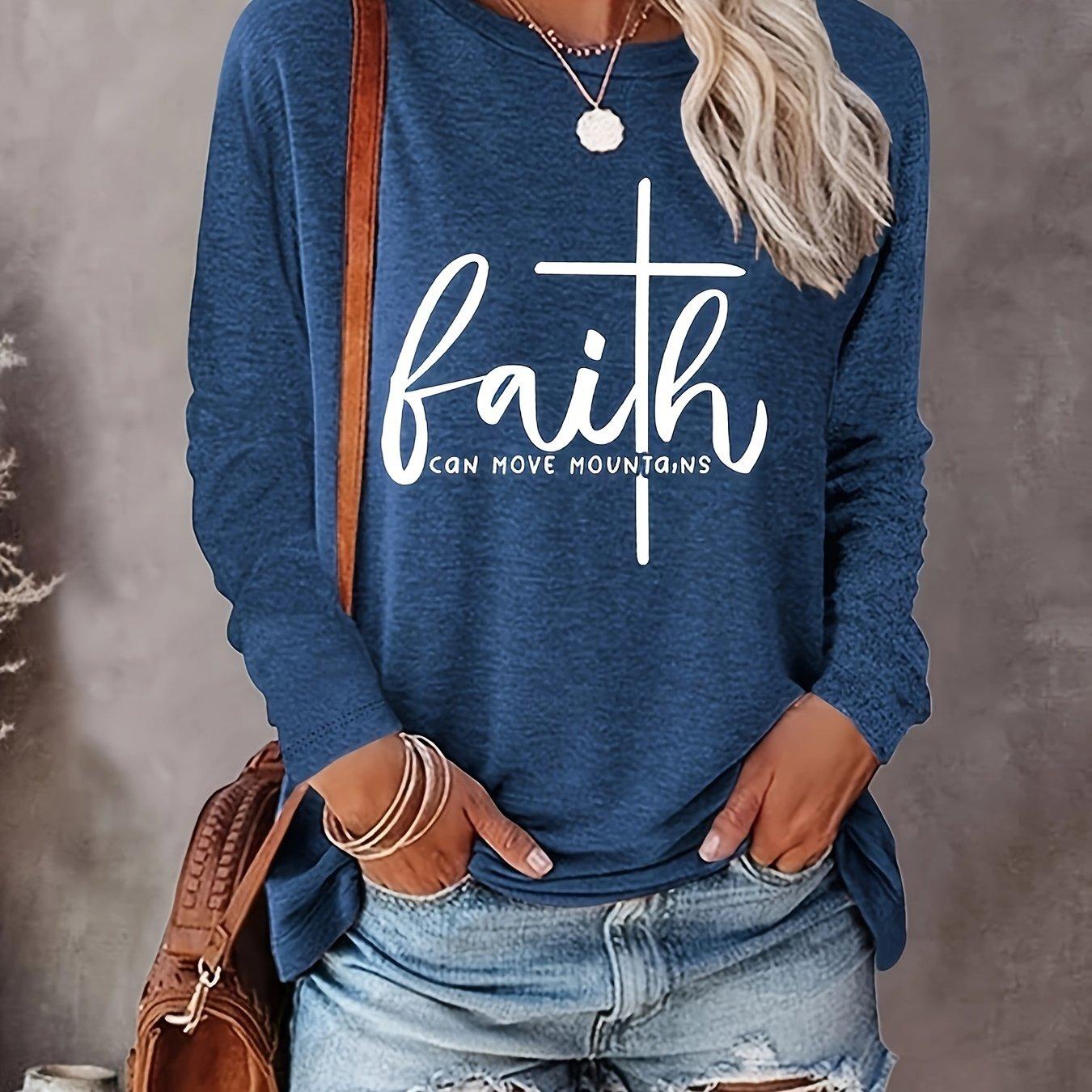 

Футболка с круглым вырезом с принтом Faith, повседневный топ с длинными рукавами на весну и осень, женская одежда