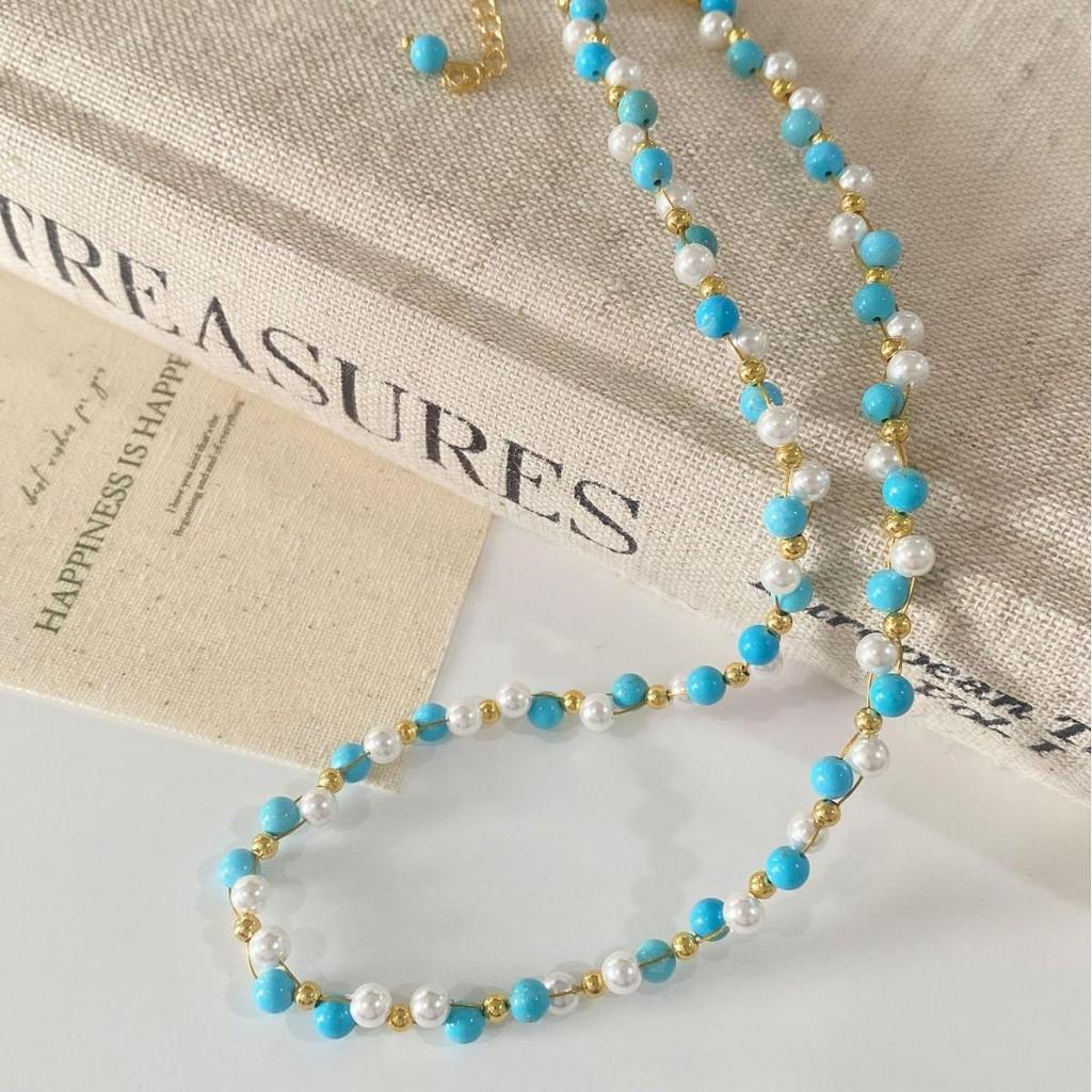 Vintage Style French Blue Turquoise Pearl Beaded Necklace – Exquisite & Versatile Collarbone Accent
