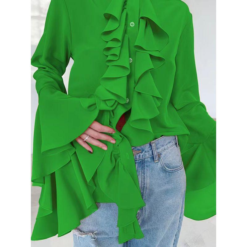 European and American New Chiffon Design round Neck Bell Sleeve Frill Shirts Lotus Leaf Lace Shirt