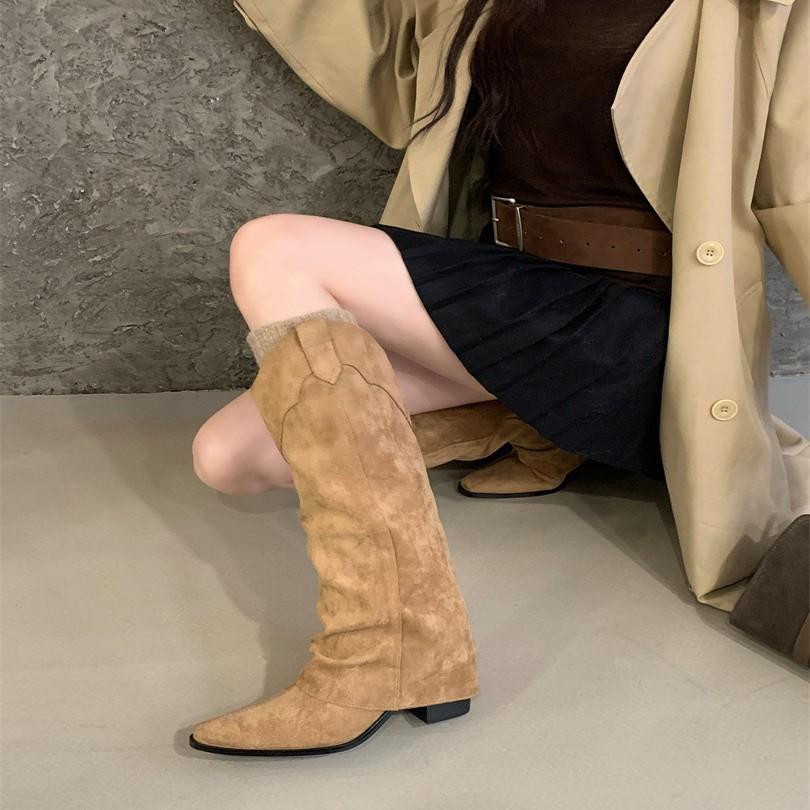 inner suede pleated piled boots women's 2025 autumn and winter new pointed western cowboy boots but knee boots women