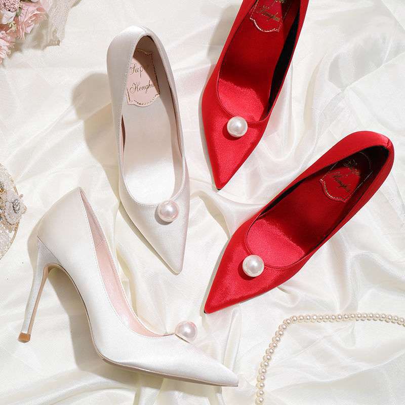2025 New Pointed White Pearl High Heels 7cm Stiletto Green Single Shoes Women's Red Bridal Wedding Shoes