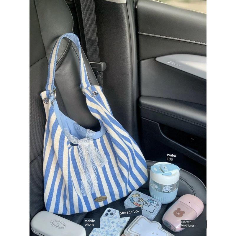

Korean Style Fashion Double-Sided One Shoulder Bag Female 2025 New Arrival Summer Little Fresh Striped Canvas Bag Commuter Tote Blue