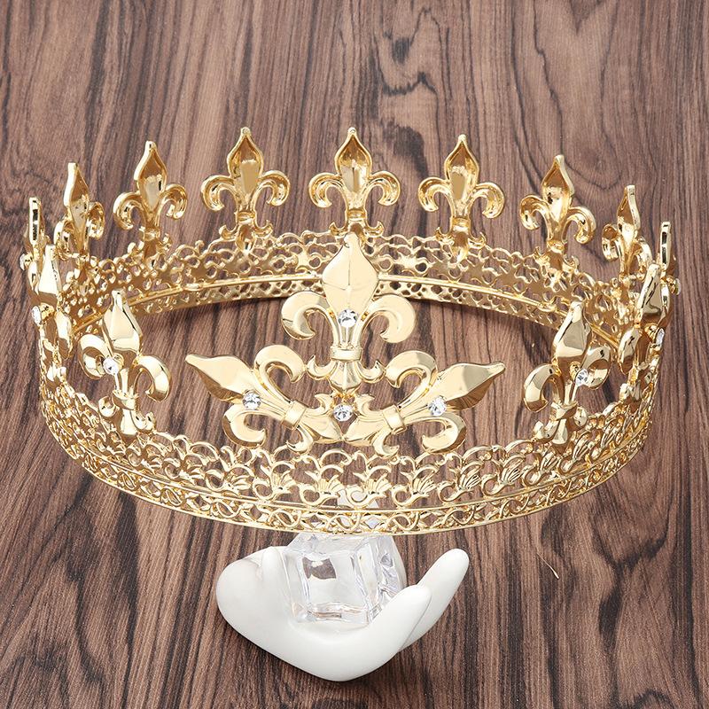 Baroque Vintage Royal King Crowns For Men Full Round Sliver Big Gold Tiaras And Crowns Prom Party Costume Hair Accessories Men