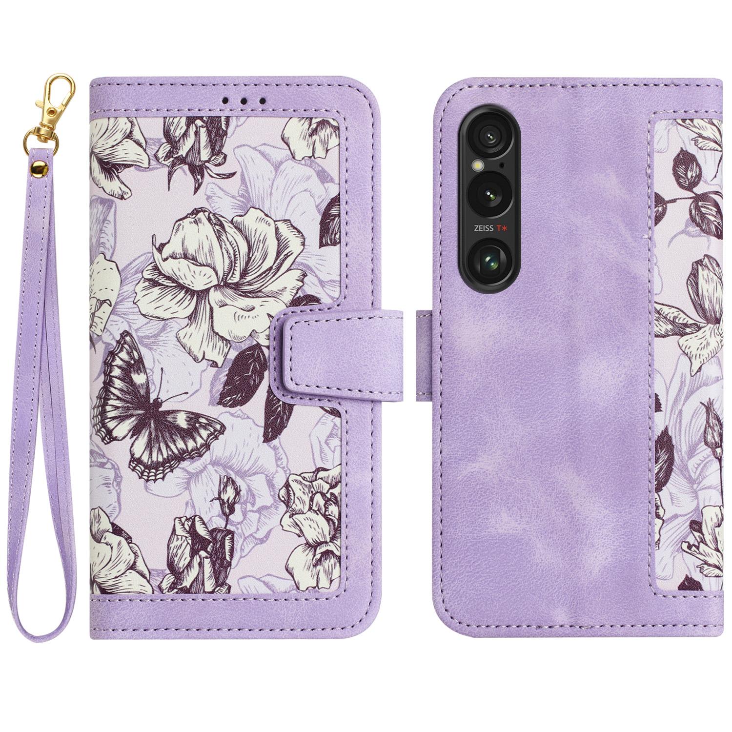 

For Sony Xperia 1 VI Case Flower Pattern Card Slots Leather Phone Cover Light Purple