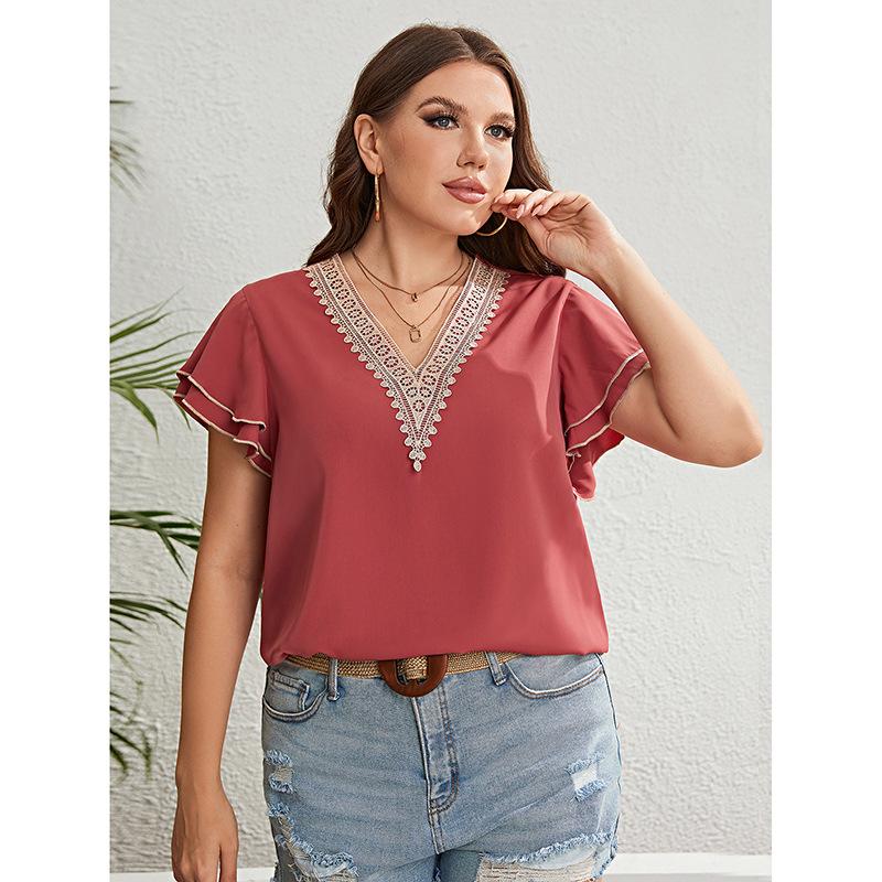 Letnia koszula damska plus size z koronką, dekolt V, luźna, z krótkim rękawem