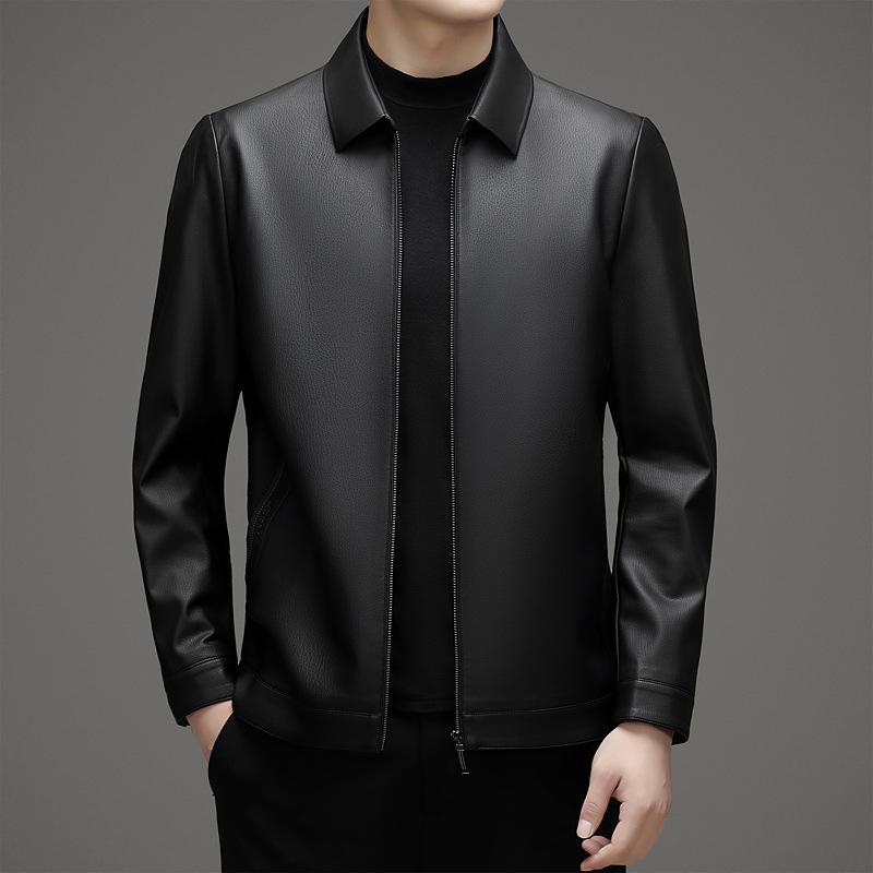 Весенне-осенняя куртка из овчины мужская для среднего возраста с лацканами — фото 4