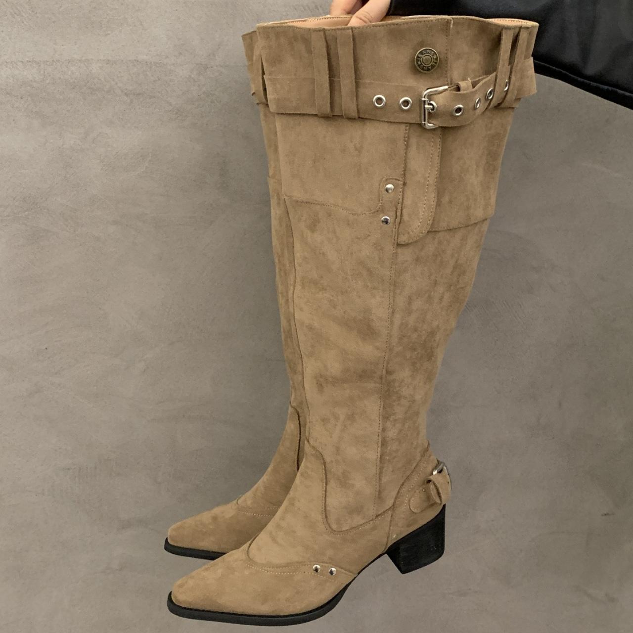 

Ретро отпускной стиль женские ковбойские сапоги из искусственной кожи на толстом каблуке сапоги рыцаря с пряжкой на ремне остроносые темпераментные сапоги-чулки 42 хаки