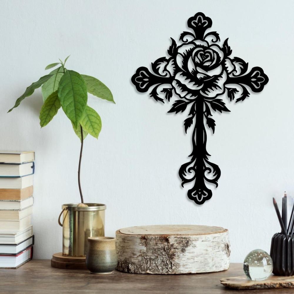 Forged Iron Cross Wall Art Black Metal Rose Gothic Home Decor Religious Decor Living Room Bedroom