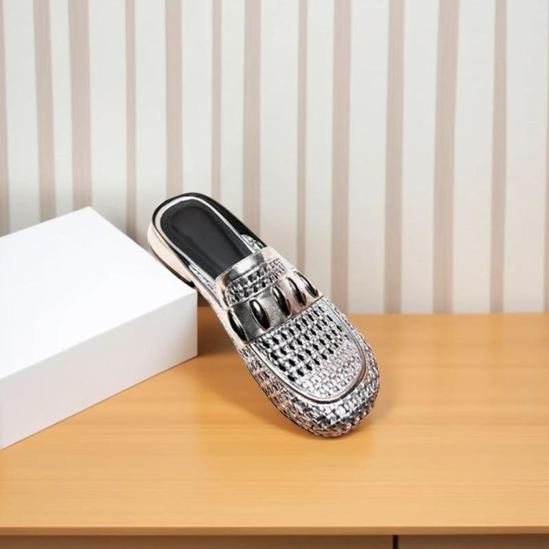 

2025 new summer models square head woven hollow breathable thick heel bag head women s slippers genuine leather Muller shoes women s Internet celebr 40 серебряный