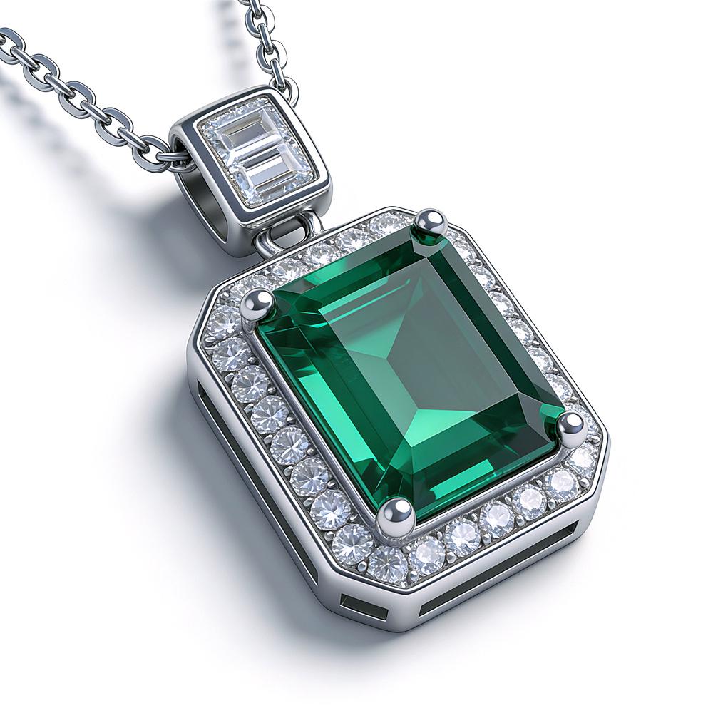 2026 Rectangular Simulated Emerald Pendant Necklace for Women - S925 Sterling Silver, High-End Fashionable Light Luxury, European & American Style