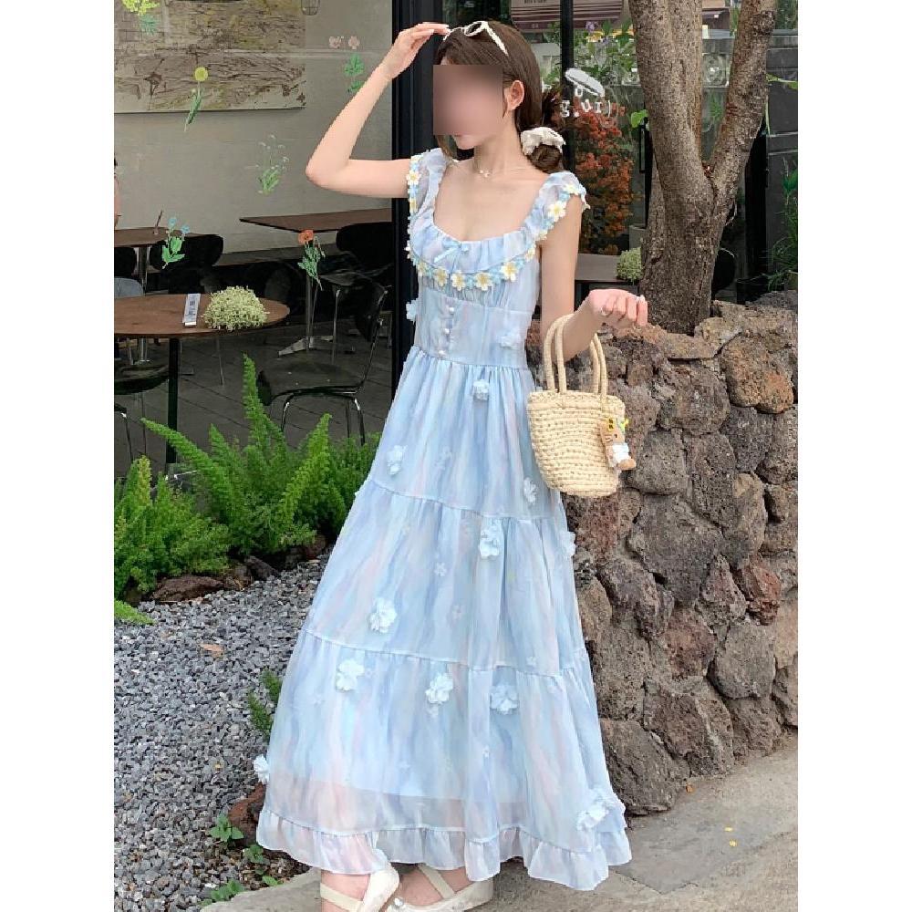French Summer Slim Seaside Vacation Long Dress Sweet Blue Flower Small Flying Sleeve Suspender Dress Women's Leisure