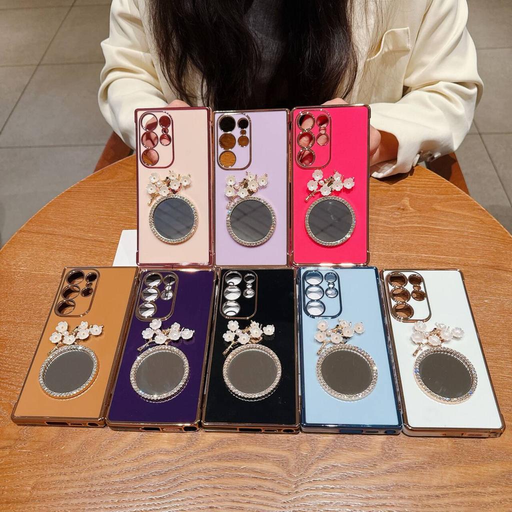 For Samsung Galaxy S24 Ultra Case with Plum Blossom Mirror Electroplating Edge Heart Pattern TPU Phone Cover