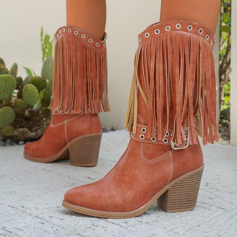 Fashion Autumn New Tassel Women's Boots European and American Retro Round Toe Block Heel Mid-leg Boots Western Boots Slip-on