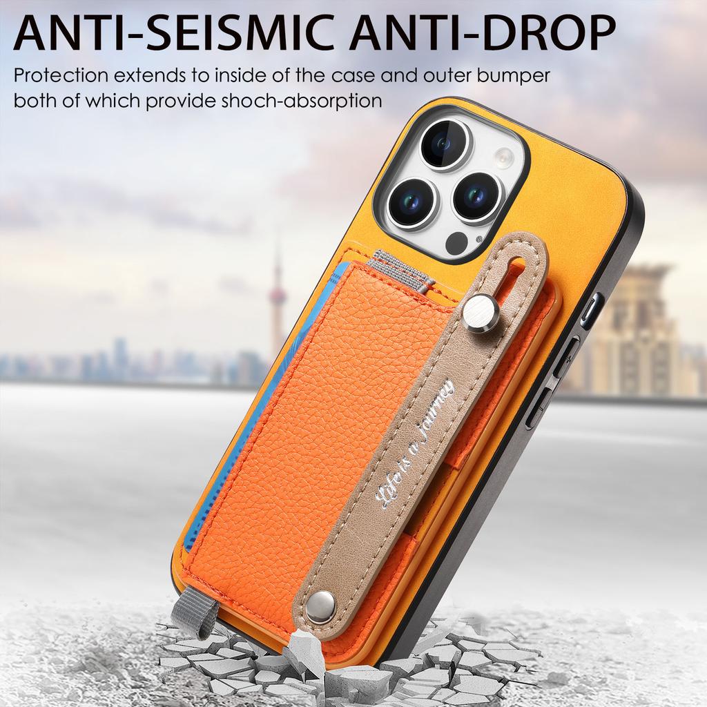 For iPhone 16 Pro Magnetic Leather Back Case with Detachable Card Holder and Wristband